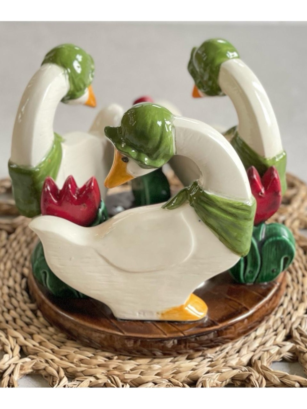 Cottagecore Vintage Ceramic Hand Painted Geese & Red Tulips Candle Holder Folksy